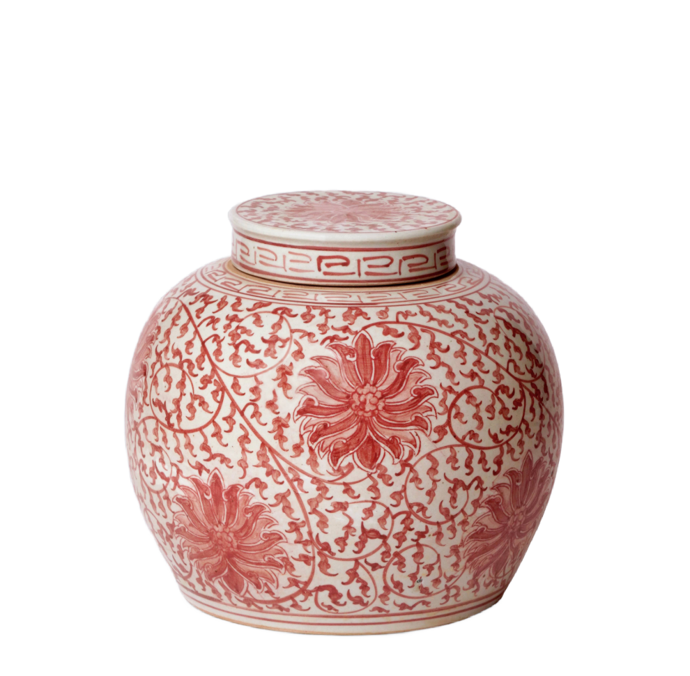 Red and White Porcelain Scrolling Lotus Round Lidded Jar