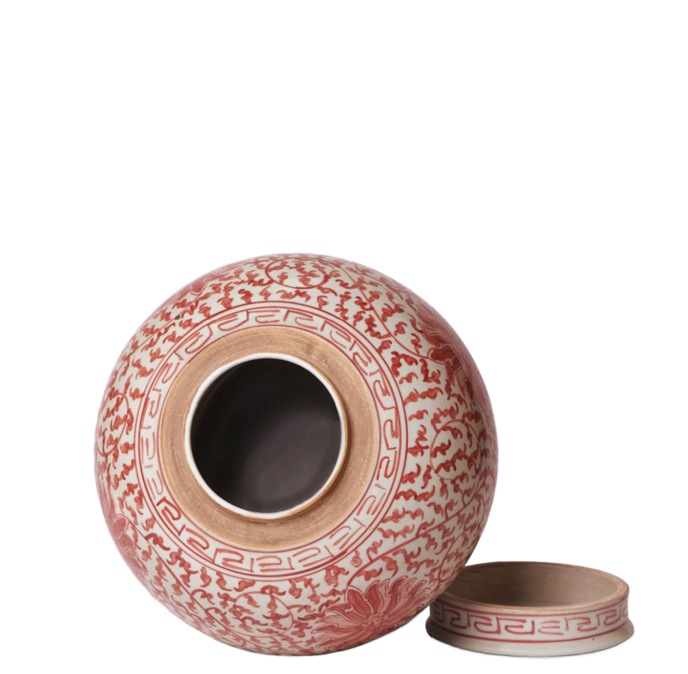 Red and White Porcelain Scrolling Lotus Round Lidded Jar
