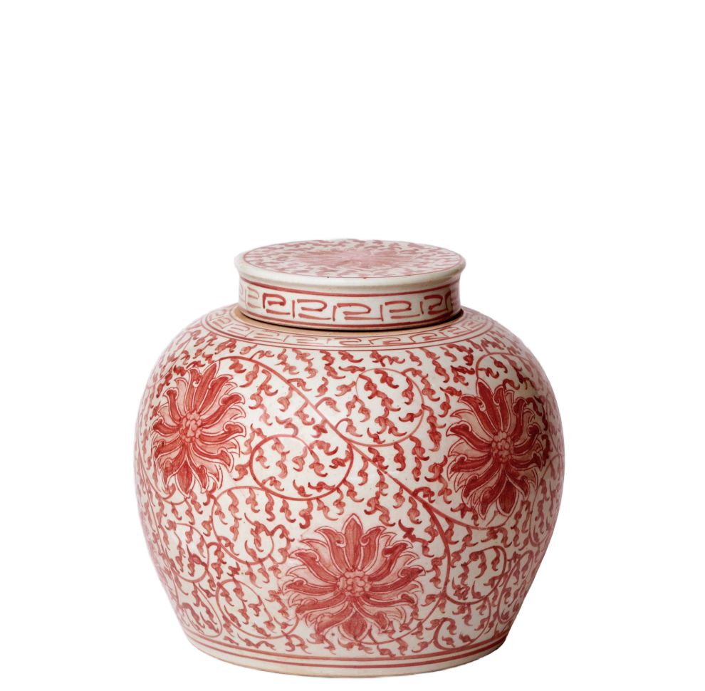 Red and White Porcelain Scrolling Lotus Round Lidded Jar