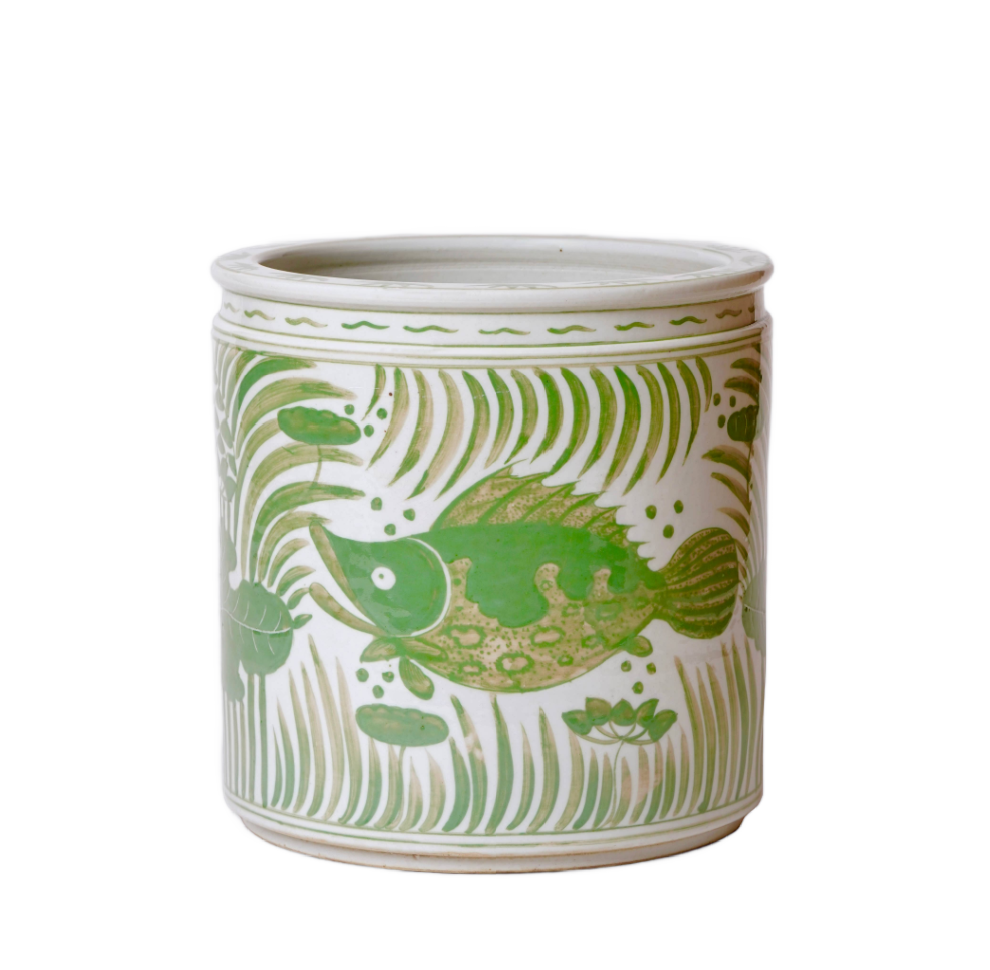 Green and White Porcelain Fish and Lotus Cachepot