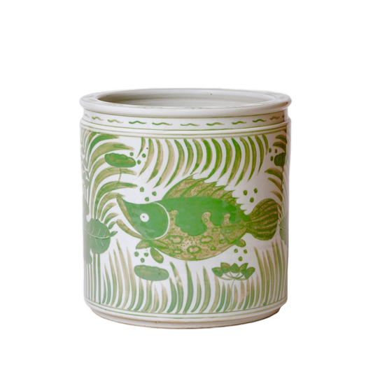 Green and White Porcelain Fish and Lotus Cachepot