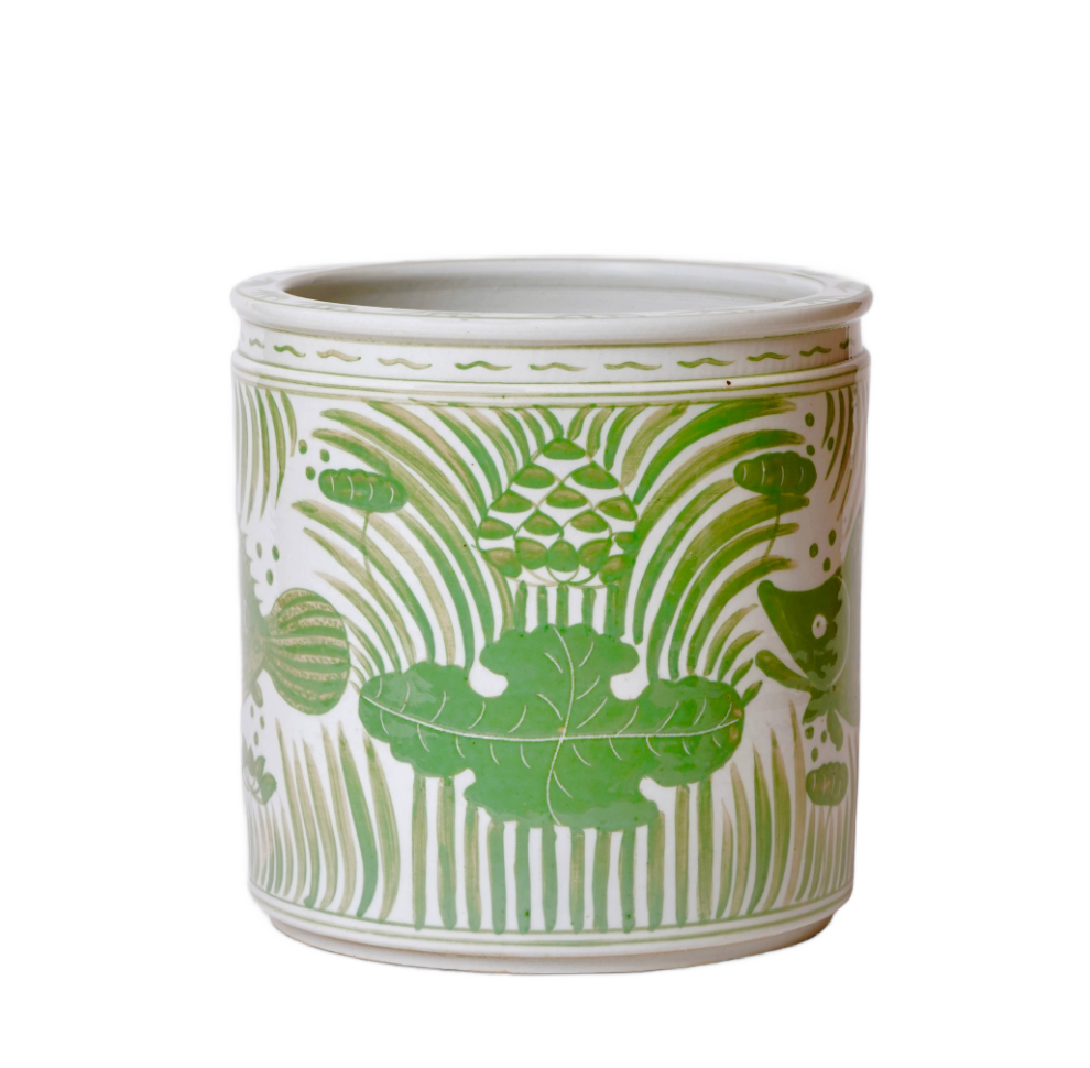 Green and White Porcelain Fish and Lotus Cachepot