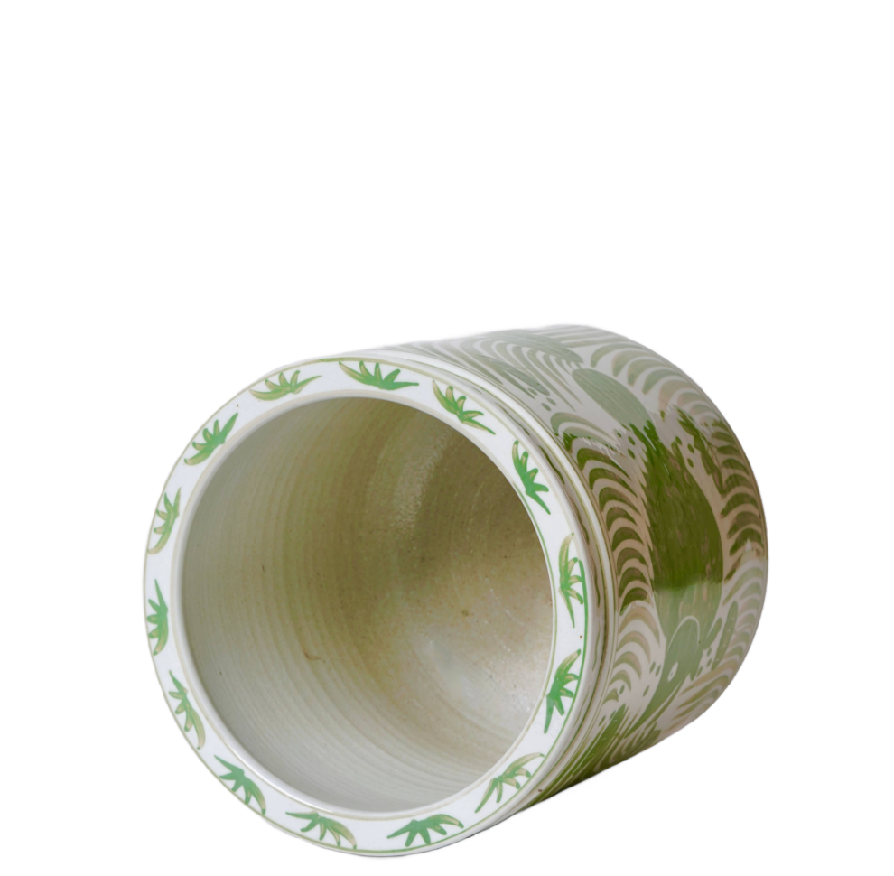 Green and White Porcelain Fish and Lotus Cachepot
