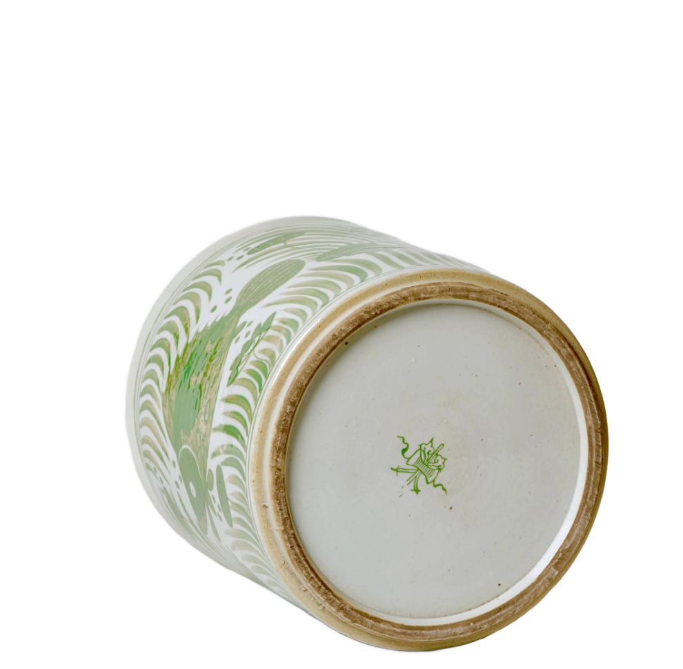 Green and White Porcelain Fish and Lotus Cachepot