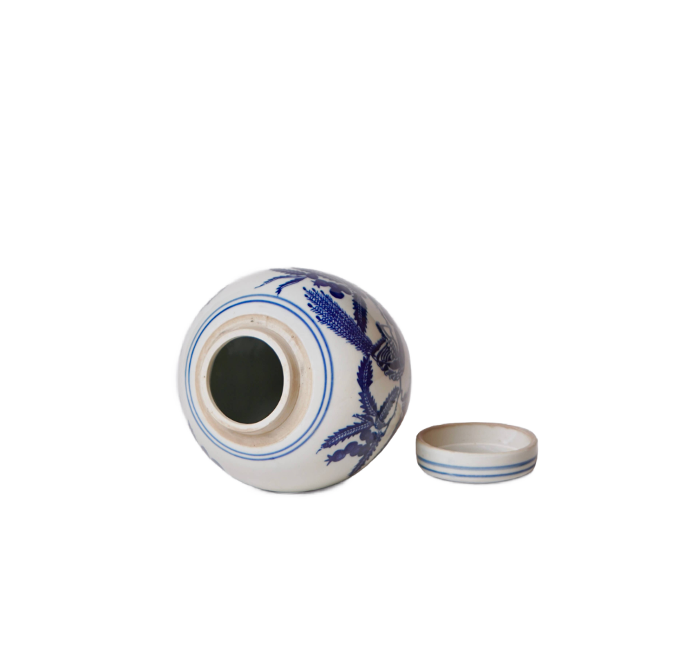 Blue and White Porcelain Bird and Flower Round Jar