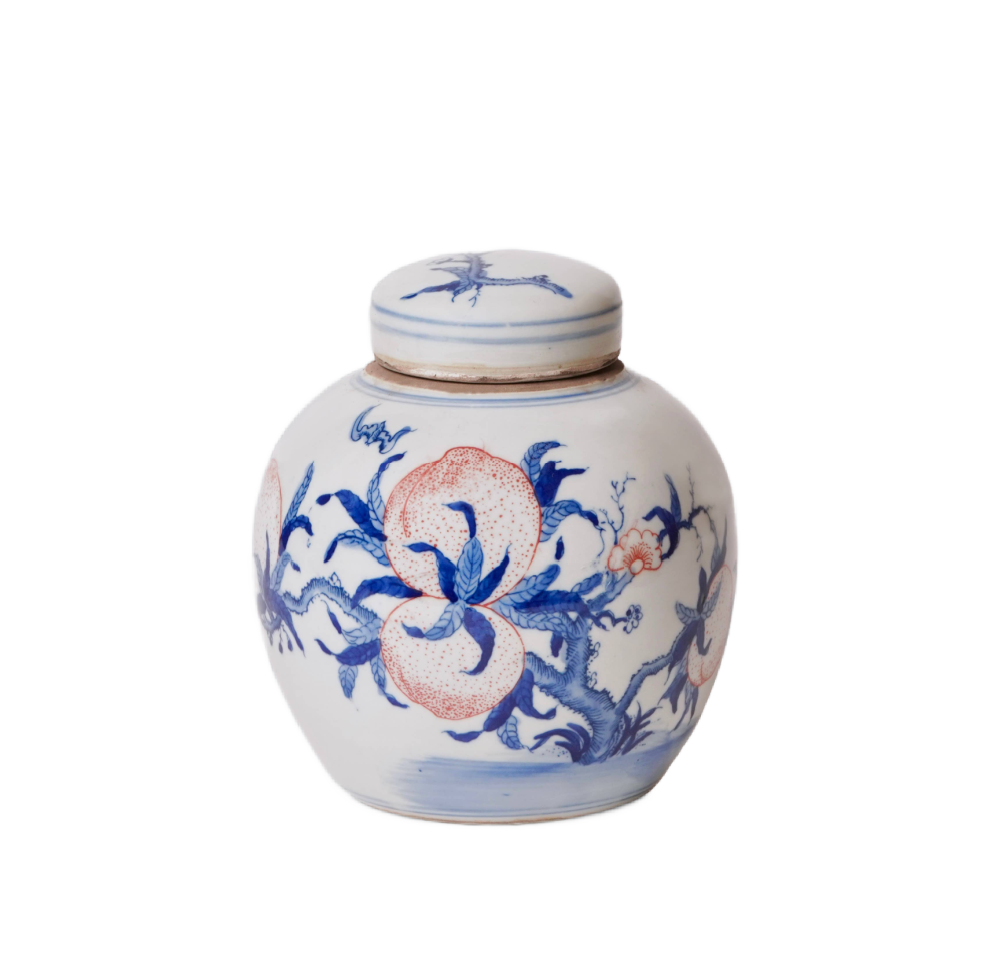 Red and Blue Porcelain Peach Round Storage Jar