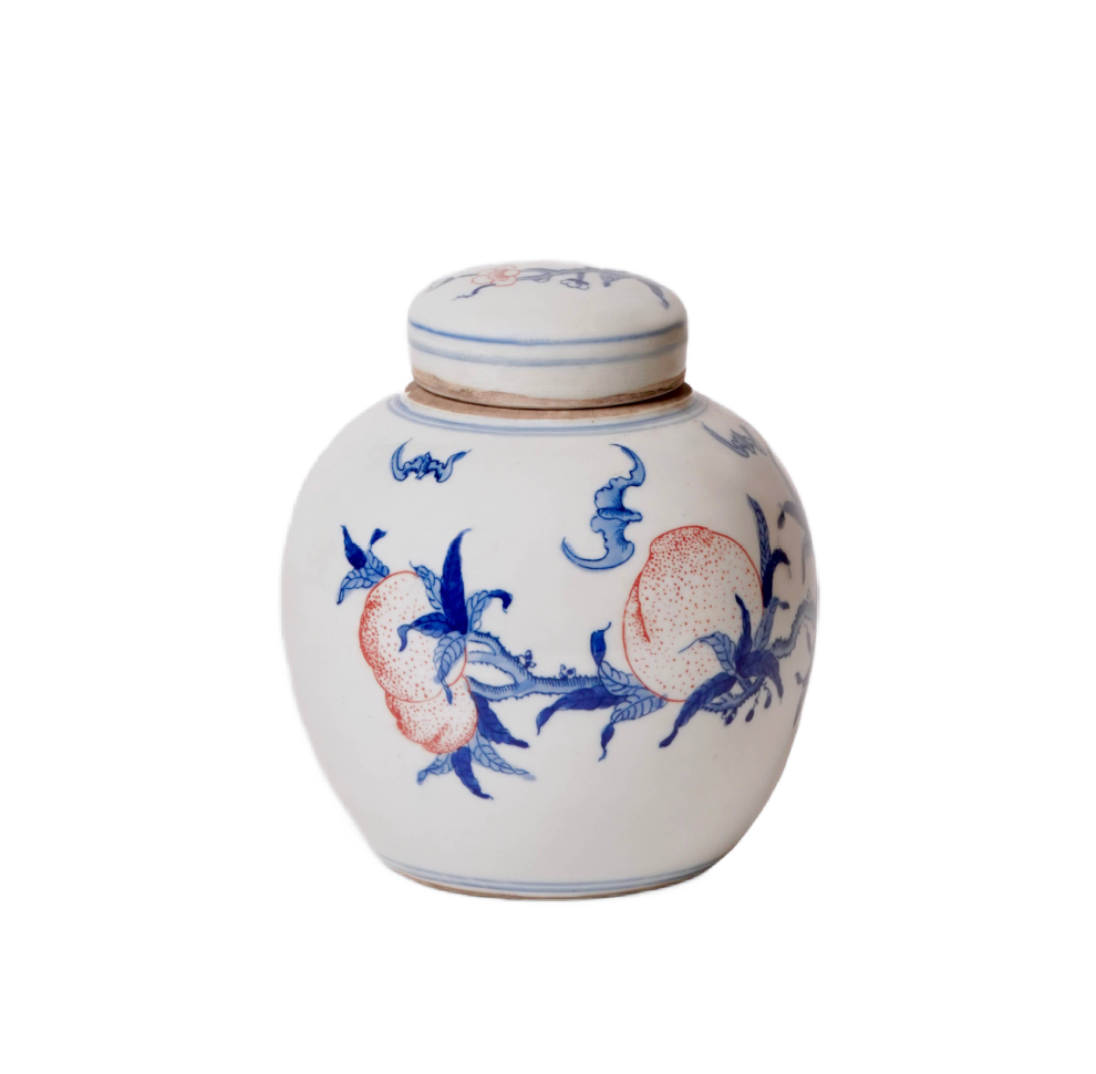 Red and Blue Porcelain Peach Round Storage Jar