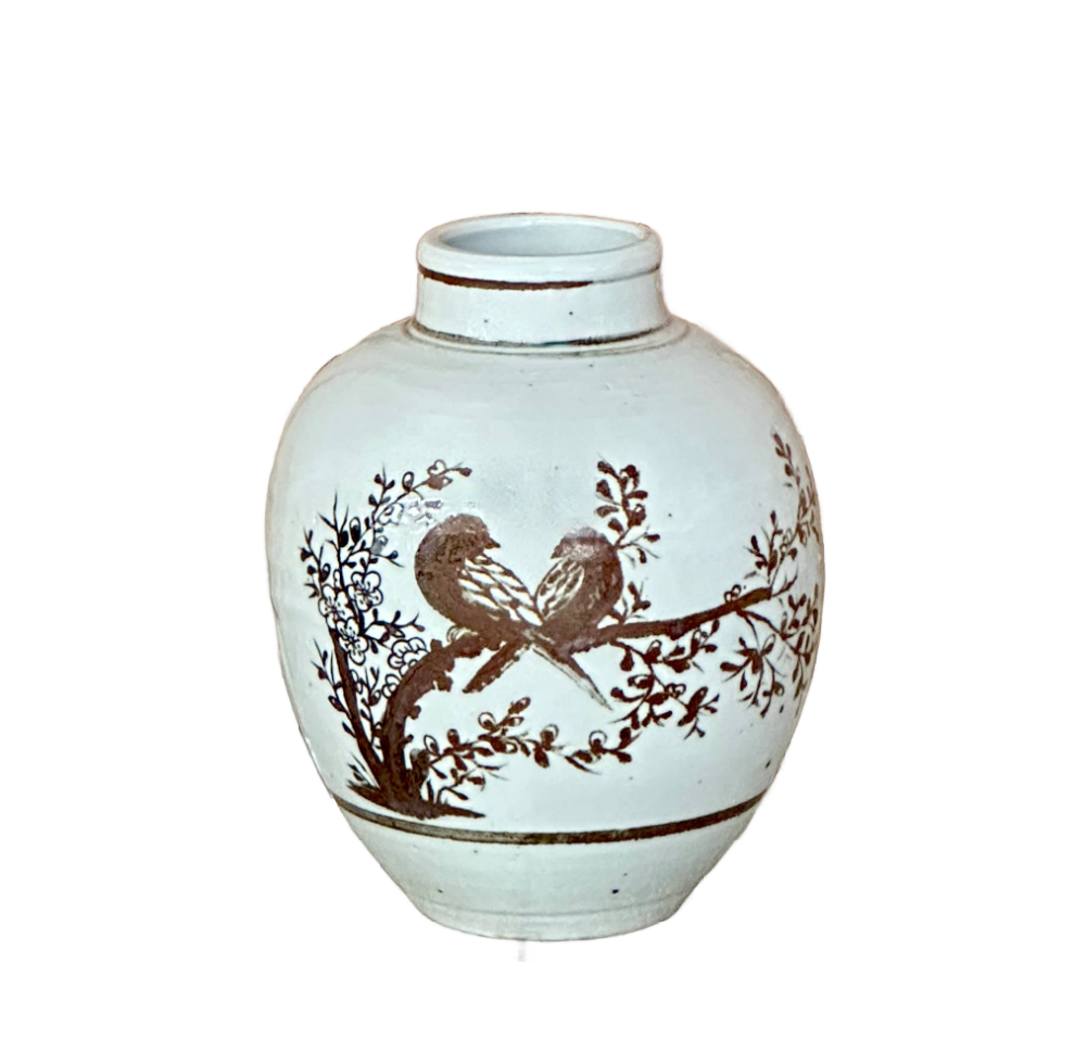 Red and White Copper Underglaze Songbirds Barrel Vase