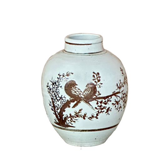 Red and White Copper Underglaze Songbirds Barrel Vase