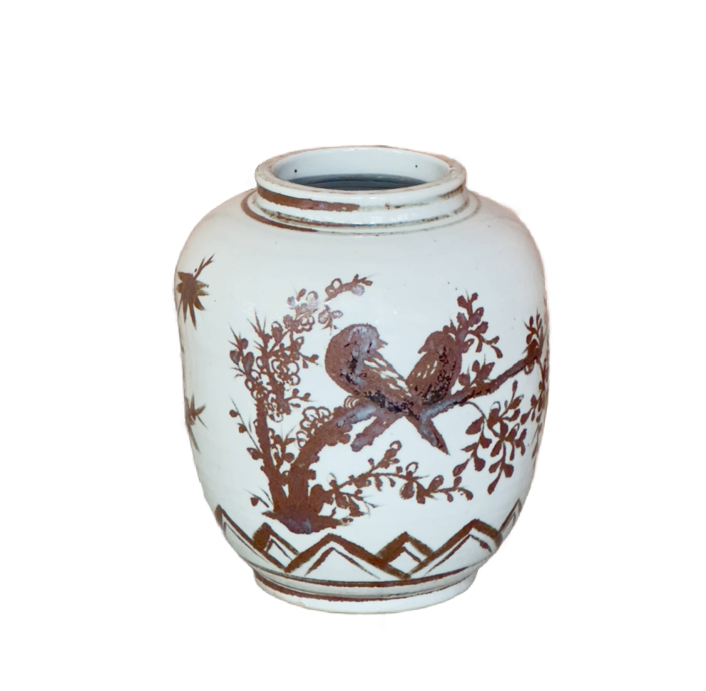 Red and White Copper Underglaze Bird and Flower Barrel Vase
