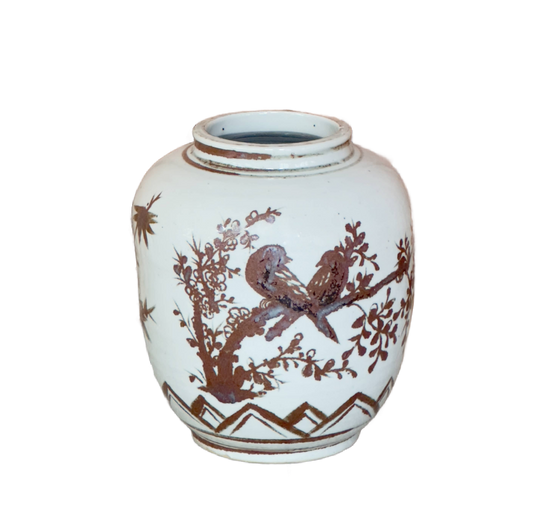 Red and White Copper Underglaze Bird and Flower Barrel Vase