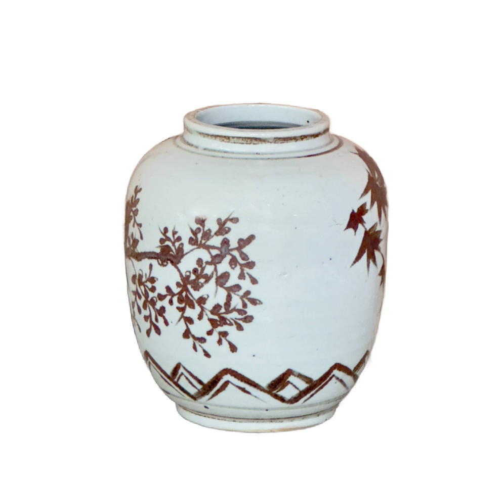 Red and White Copper Underglaze Bird and Flower Barrel Vase
