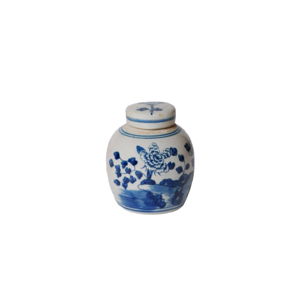 Blue and White Porcelain Mini Peony Floral Round Jar
