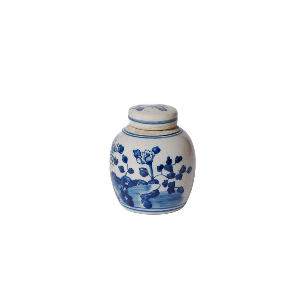 Blue and White Porcelain Mini Peony Floral Round Jar