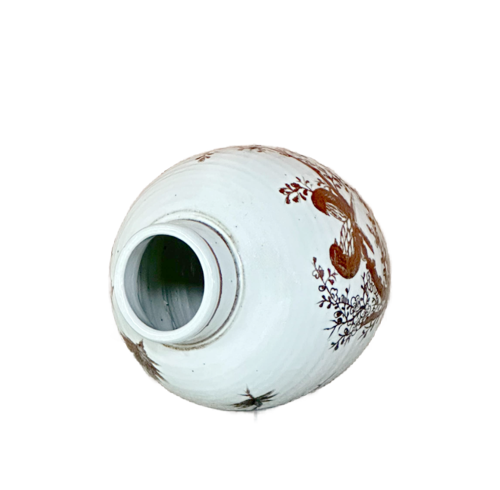 Red and White Copper Underglaze Songbirds Barrel Vase