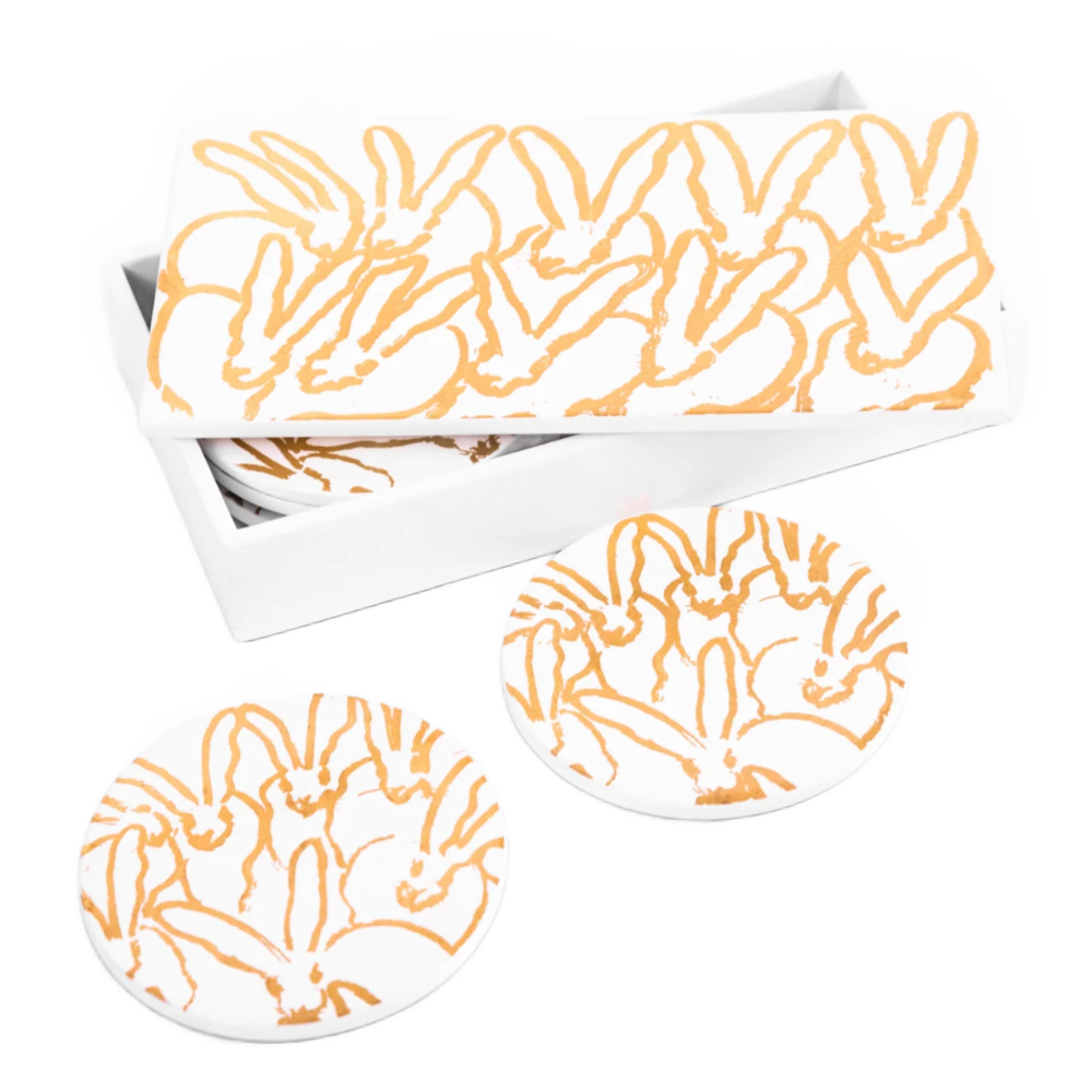 Hunt Slonem | Rabbit Run White with Gold Coaster Box