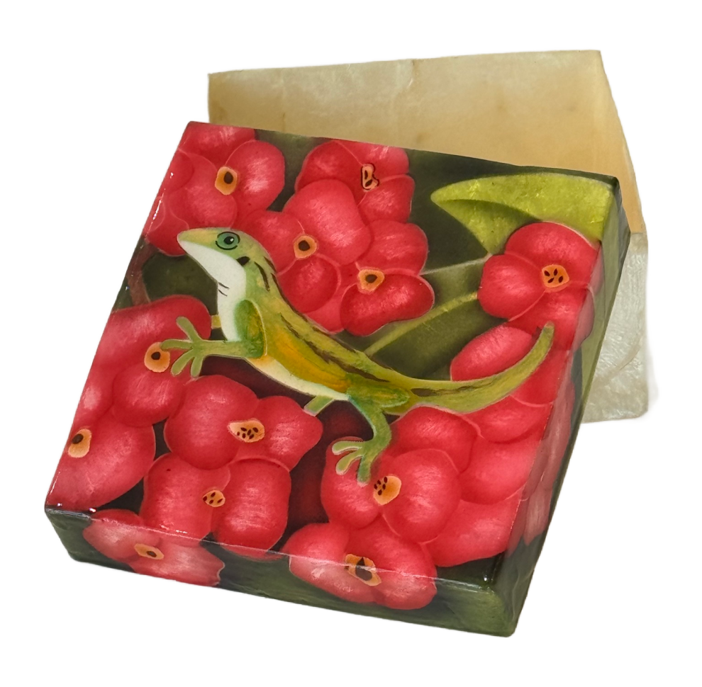 Lizard Pink Flowers Capiz Shell Box