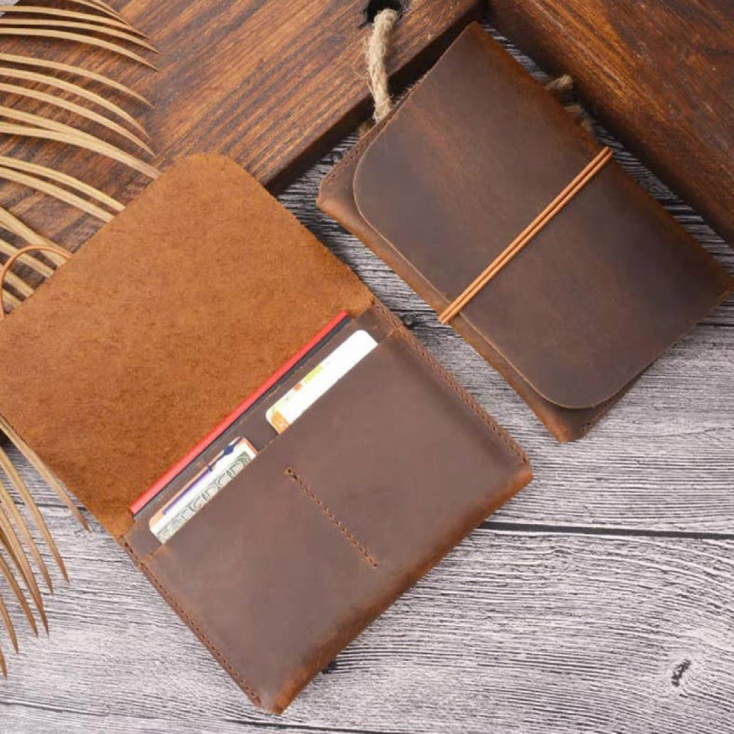 Genuine Leather Passport Holder With Strap: Brown
