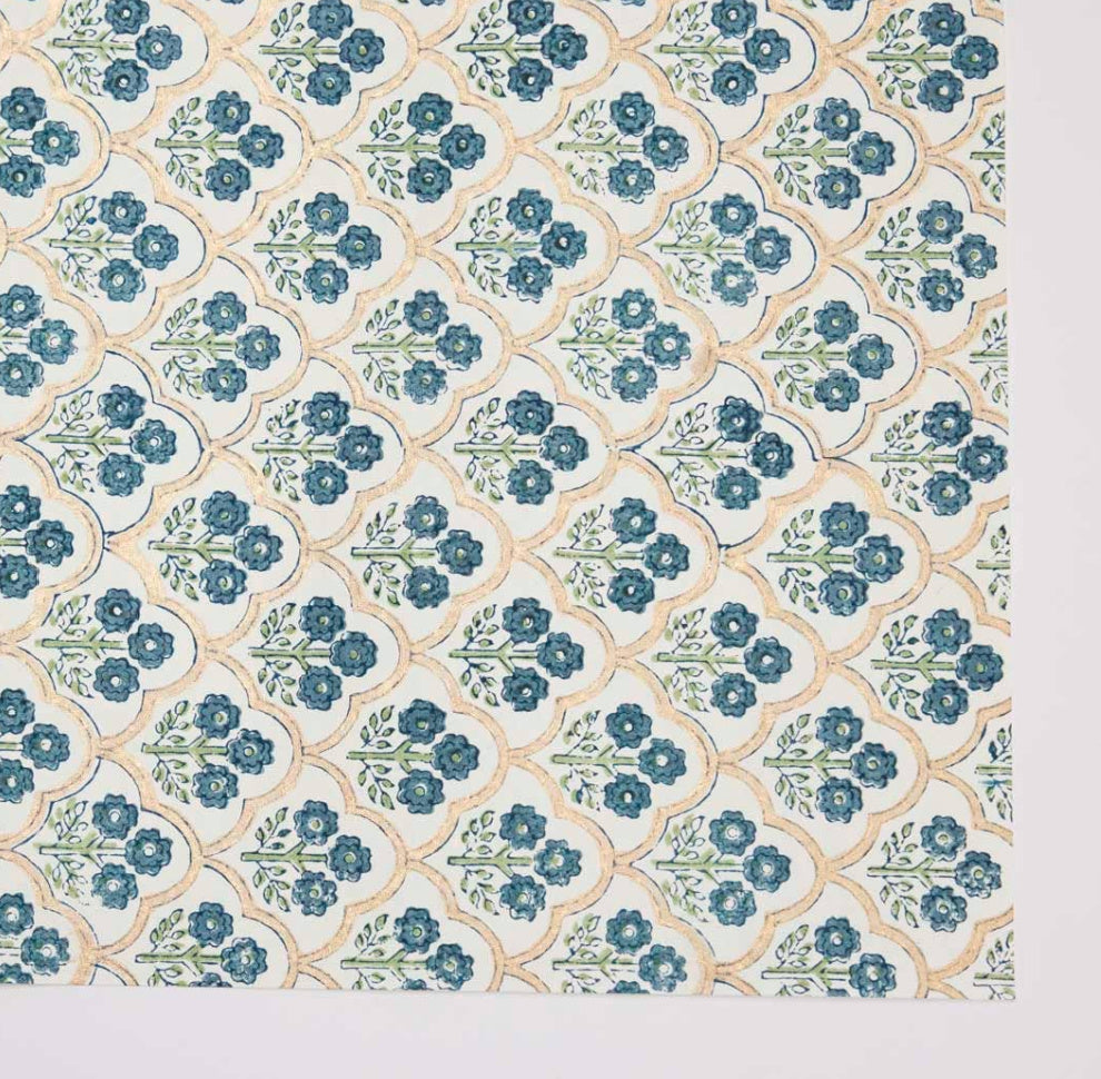 Block Printed Wrapping Paper Sheets - Trellis Indigo