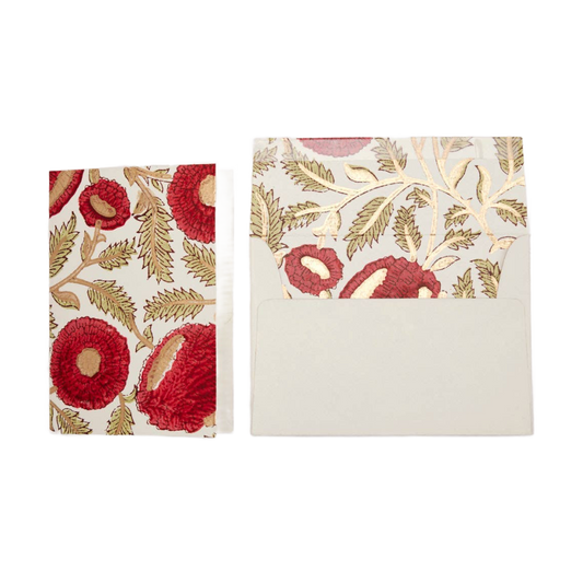 Hand Block Printed Greeting Card - Marigold Glitz Scarlet