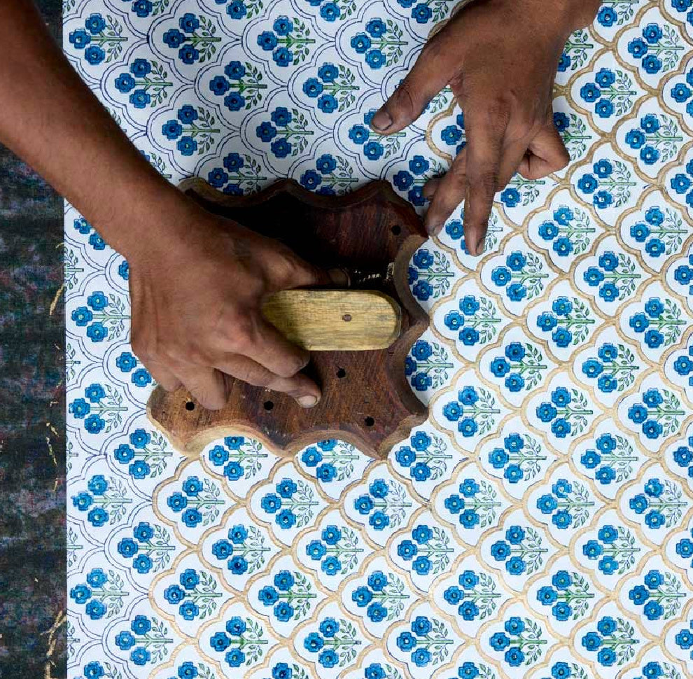 Block Printed Wrapping Paper Sheets - Trellis Indigo