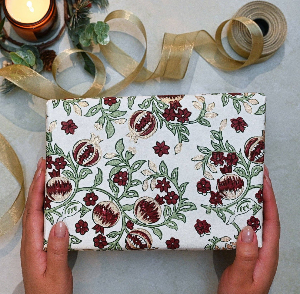Block Printed Wrapping Paper Sheets - BP Pomegranate Cherry