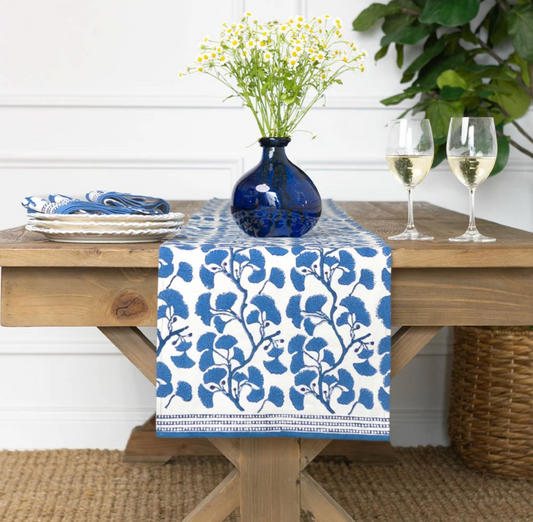 Pomegranate Ginkgo Blue Table Runner