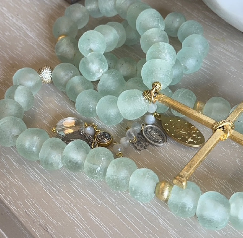 Handmade Beaded Sea-foam Blue Glass Rosary