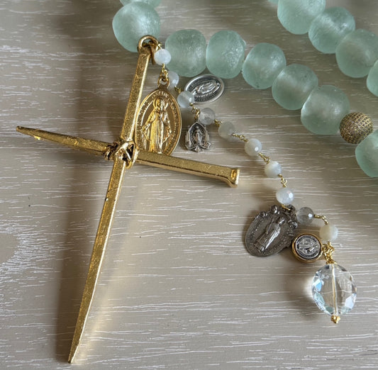 Handmade Beaded Sea-foam Blue Glass Rosary