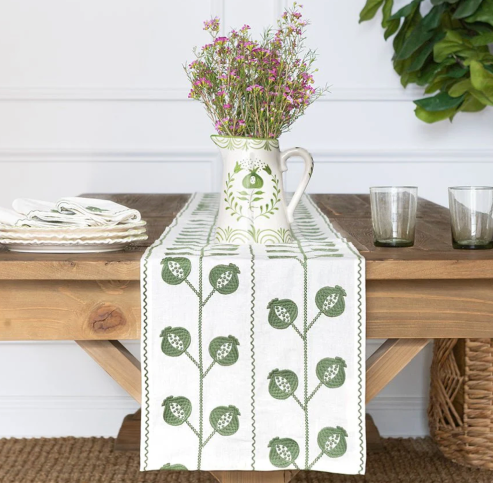 Pomegranate Crewel Green Table Runner